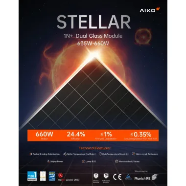 AIKO Solar - Tấm pin Năng Lượng Mặt Trời STELLAR 635W–660W công nghệ Mono-Glass của AIKO Solar – Chính hãng mới 100%