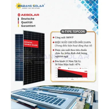 AE Solar - Tấm pin năng lượng mặt trời AE Solar 580Wp 2 Mặt Kính Công Nghệ Đức N-Type Topcon, Hàng Chính Hãng Mới 100%
