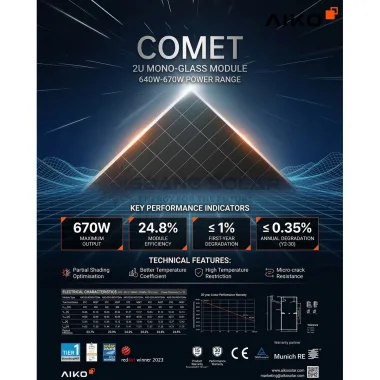 AIKO Solar - Tấm pin Năng Lượng Mặt Trời COMET 640W–670W công nghệ Mono-Glass của AIKO Solar – Chính hãng mới 100%