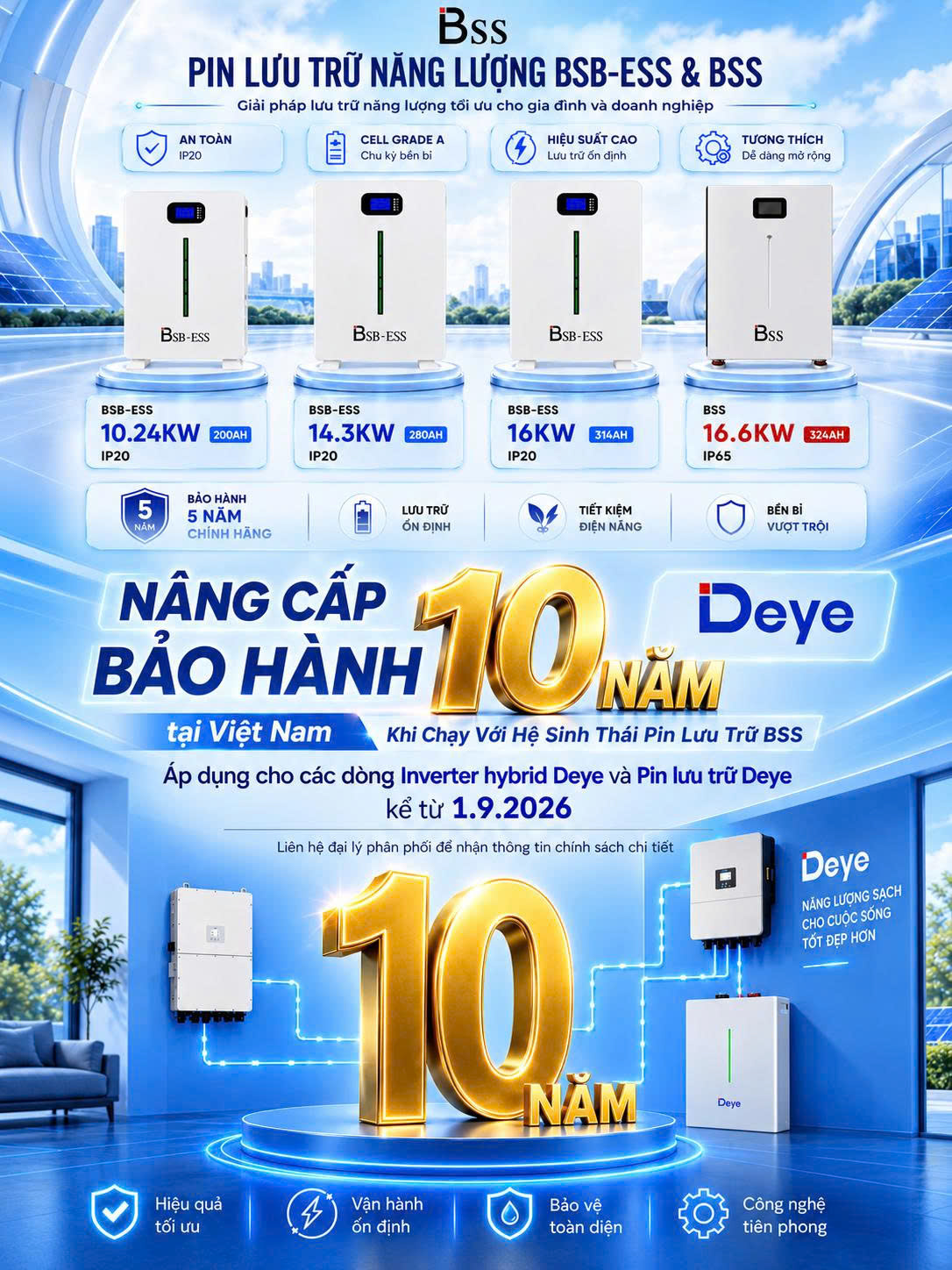 DEYE INVERTER NÂNG BẢO HÀNH LÊN 10 NĂM KHI CHẠY KẾT HỢP VỚI PIN LƯU TRỮ DEYE HOẶC BSS